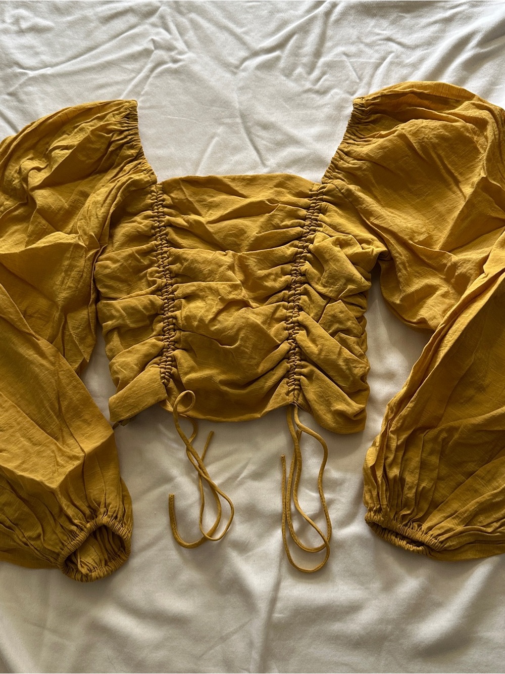 Mustard Drawstring Ruched Puff-Sleeve Crop Top
